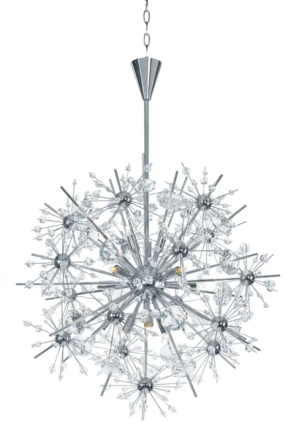Spectacular display of Beveled Crystal beads of various sizes which are mounted on sculptures Polished Chrome metal formations which will sure to be the focal point of your room.  The high power Xenon bulbs add sparkle to the crystal while producing a natural white light.