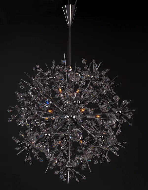 Spectacular display of Beveled Crystal beads of various sizes which are mounted on sculptures Polished Chrome metal formations which will sure to be the focal point of your room.  The high power Xenon bulbs add sparkle to the crystal while producing a natural white light. - alternate view