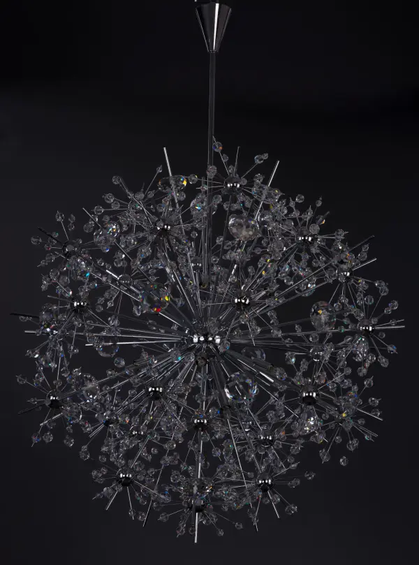 Spectacular display of Beveled Crystal beads of various sizes which are mounted on sculptures Polished Chrome metal formations which will sure to be the focal point of your room.  The high power Xenon bulbs add sparkle to the crystal while producing a natural white light. - alternate view