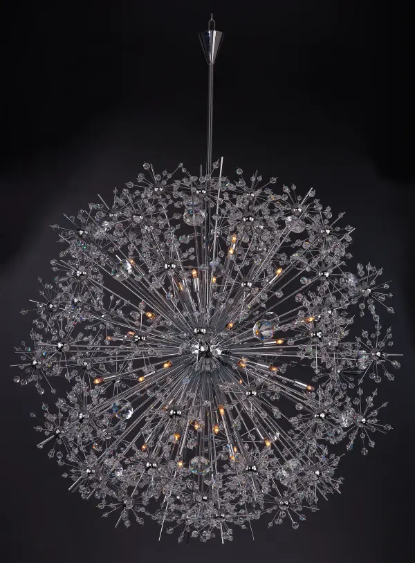 Spectacular display of Beveled Crystal beads of various sizes which are mounted on sculptures Polished Chrome metal formations which will sure to be the focal point of your room.  The high power Xenon bulbs add sparkle to the crystal while producing a natural white light. - alternate view