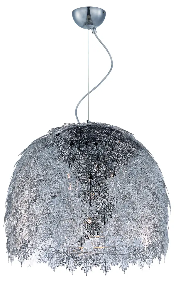 Intricately detailed leaves of Polished Chrome stainless steel are formed by a two-step process. This creates a two layer texture to each leaf for a multi-dimensional appearance. Clusters of crystal grapes and vines adorn the inside and shimmer through the light of the included Xenon lamps.