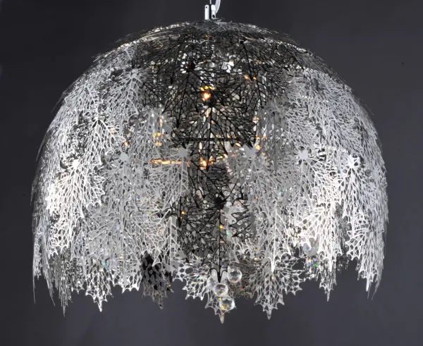Intricately detailed leaves of Polished Chrome stainless steel are formed by a two-step process. This creates a two layer texture to each leaf for a multi-dimensional appearance. Clusters of crystal grapes and vines adorn the inside and shimmer through the light of the included Xenon lamps. - alternate view