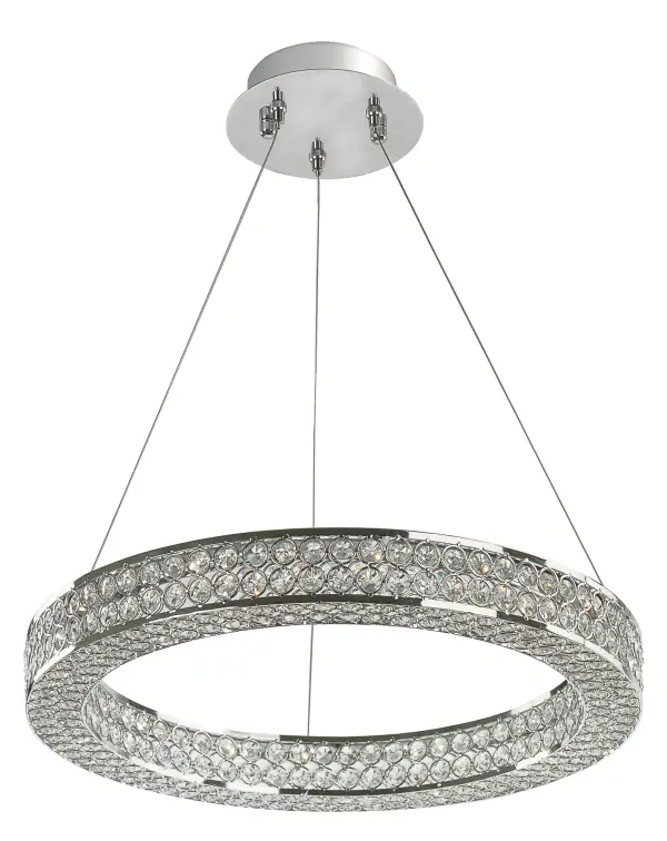 Frames of metal rings encased with Beveled Crystal Jewels, are finished in Polished Chrome. Suspended by cables as if floating In air, these rings cast rainbows of light when illuminated by the Integrated LED.