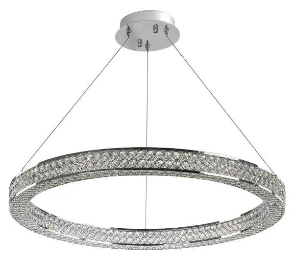 Frames of metal rings encased with Beveled Crystal Jewels, are finished in Polished Chrome. Suspended by cables as if floating In air, these rings cast rainbows of light when illuminated by the Integrated LED.