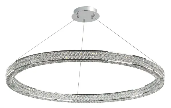Frames of metal rings encased with Beveled Crystal Jewels, are finished in Polished Chrome. Suspended by cables as if floating In air, these rings cast rainbows of light when illuminated by the Integrated LED.