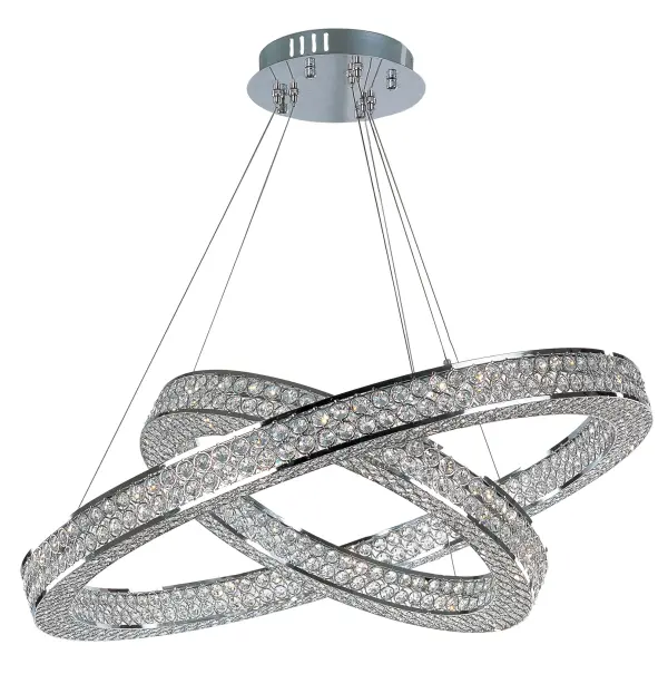 Frames of metal rings encased with Beveled Crystal Jewels, are finished in Polished Chrome. Suspended by cables as if floating In air, these rings cast rainbows of light when illuminated by the Integrated LED.