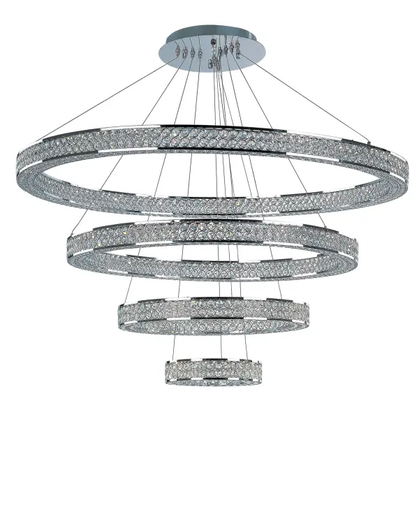 Frames of metal rings encased with Beveled Crystal Jewels, are finished in Polished Chrome. Suspended by cables as if floating In air, these rings cast rainbows of light when illuminated by the Integrated LED.