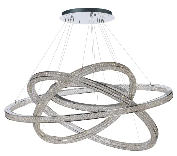 Frames of metal rings encased with Beveled Crystal Jewels, are finished in Polished Chrome. Suspended by cables as if floating In air, these rings cast rainbows of light when illuminated by the Integrated LED.