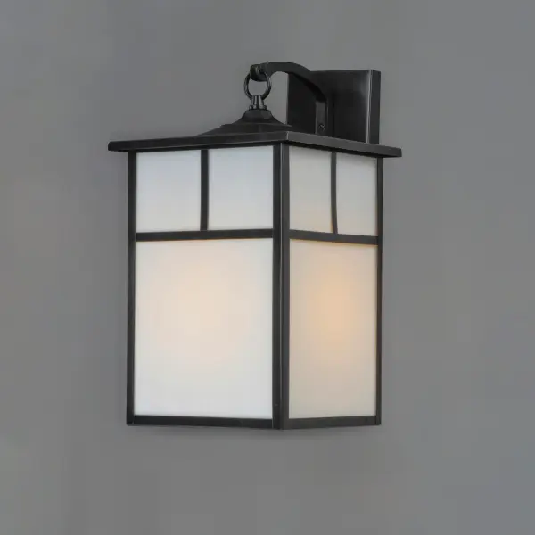 Coldwater is a traditional, craftsman/mission style collection from Maxim Lighting International in Burnished with Honey glass. Collection: Coldwater Finish: Black Glass: White Width: 6.00" Height: 12.00" Weight: 2.25 lb Extension from Wall: 7.75" Canopy: 9.5"x4.5" Number of Bulbs: 1 Maximum Wattage: 60.00 W Bulb Type: A19 Bulb Base: E26 Medium Light Source: Incandescent Dimmable Rated Average Life: 2500 Voltage: 120.00 V Material: Aluminum, Glass Safety Listing: cETLus Safety Rating: Wet Manufacturer Warranty: 1 Spec Sheet Instructions Parts Diagram - alternate view