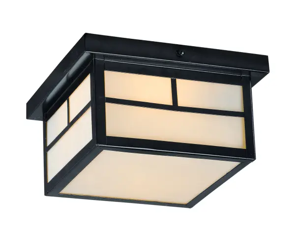 Coldwater is a traditional, craftsman/mission style collection from Maxim Lighting International in Burnished with Honey glass. Collection: Coldwater Finish: Black Glass: White Width: 9.25" Height: 5.00" Length: 9.25" Weight: 3.75 lb Canopy: 0.75``x9`` Number of Bulbs: 2 Maximum Wattage: 60.00 W Bulb Type: A19 Bulb Base: E26 Medium Light Source: Incandescent Dimmable Rated Average Life: 2500 Voltage: 120.00 V Material: Aluminum, Glass Safety Listing: cETLus Safety Rating: Damp Manufacturer Warranty: 1 Spec Sheet Instructions Parts Diagram