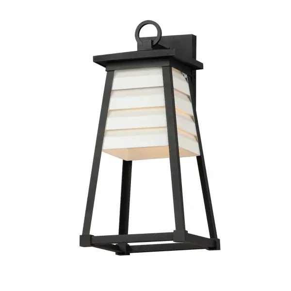 Contrasting louvered insets are set within Matte Black trapezoidal frames. The frames are made of Vivex so their finish will withstand harsher climates. The louvered panel insets are made of aluminum and feature a full cut-off design aesthetic making this design suitable for Dark Sky applications. An added benefit is the removal of glass altogether, adding a robust quality to the construction of the fixtures leading to longevity and lower maintenance. These wide plank louver panels complement the design's coastal styling adding interest in contrasting Weathered Zinc or White options, while the matte Black finish blends into the frame for a cleaner, more seamless approach. Collection: Shutters Finish: White / Black Width: 8.50" Height: 18.00" Weight: 3.41 lb Extension from Wall: 8.75" Wire: 8" Canopy: 6.75"x4.75" Number of Bulbs: 1 Maximum Wattage: 60.00 W Bulb Type: A19 Bulb Base: E26 Medium Light Source: Incandescent Voltage: 120.00 V Material: EPMM, Aluminum Safety Listing: cETLus Safety Rating: Wet Dark Sky Spec Sheet Instructions