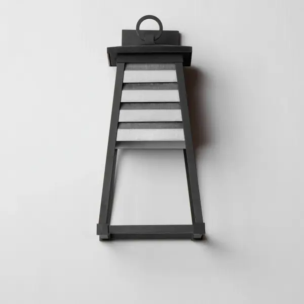 Contrasting louvered insets are set within Matte Black trapezoidal frames. The frames are made of Vivex so their finish will withstand harsher climates. The louvered panel insets are made of aluminum and feature a full cut-off design aesthetic making this design suitable for Dark Sky applications. An added benefit is the removal of glass altogether, adding a robust quality to the construction of the fixtures leading to longevity and lower maintenance. These wide plank louver panels complement the design's coastal styling adding interest in contrasting Weathered Zinc or White options, while the matte Black finish blends into the frame for a cleaner, more seamless approach. Collection: Shutters Finish: Weathered Zinc/Black Width: 8.50" Height: 18.00" Weight: 3.41 lb Extension from Wall: 8.75" Wire: 8" Canopy: 6.75"x4.75" Number of Bulbs: 1 Maximum Wattage: 60.00 W Bulb Type: A19 Bulb Base: E26 Medium Light Source: Incandescent Voltage: 120.00 V Material: EPMM, Aluminum Safety Listing: cETLus Safety Rating: Wet Dark Sky Spec Sheet Instructions - alternate view