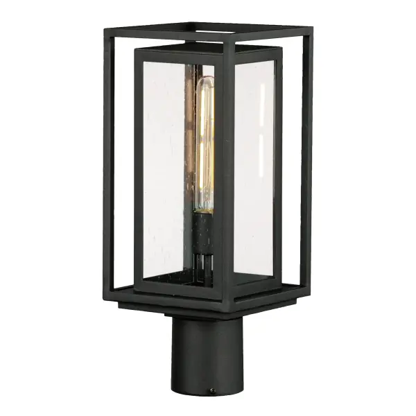 A dual framed structure creates dimension on these outdoor lighting fixtures that is both contemporary and transitional. The construction consists of two frames of square tubing and squared components. The inner frame's Clear Seedy glass reduces glare from the light and appears dirt-free for longer periods. This is a comprehensive collection to brighten all areas of your outdoor space, available in various sized sconces as well as hanging and post configurations.