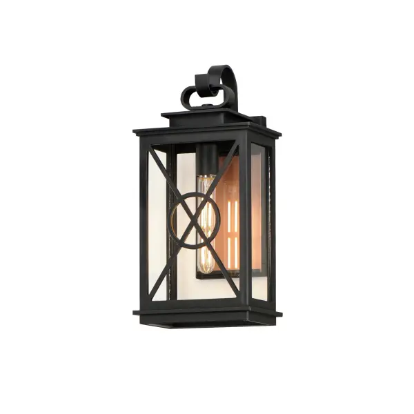 Styled as a classic early American coach lantern, the Yorktown sconces offer an established exterior design aesthetic with the modern engineering to withstand the harshest climates. A crossing pattern of the material wraps clear glass panes that protects them and adds visual interest. Featured prominently on the back plate of these lanterns is a stainless-steel overlay in Antique Copper that evokes the historical reference embodied in the design and attractive contrast to the fixtures rated for wet locations.