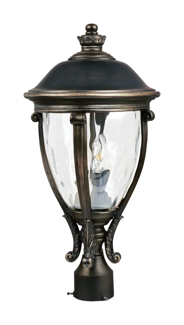 Maxim Lighting's Camden VX Collection is made with Vivex, a material twice the strength of resin, is non-corrosive, UV resistant and backed with a 5-Year Limited Warranty. Camden VX is available in our Black or Golden Bronze finish and our Water Glass. Collection: Camden VX Finish: Golden Bronze Glass: Water Glass Width: 11.00" Height: 23.00" Length: 11.00" Weight: 6.82 lb Canopy: 9.5``x5.5`` Number of Bulbs: 3 Maximum Wattage: 40.00 W Bulb Type: B10 Bulb Base: E12 Candelabra Light Source: Incandescent Light Output: 2016.00 lm Dimmable Rated Average Life: 1500 Voltage: 120.00 V Material: Vivex Resin Composite, Glass Safety Listing: cETLus Safety Rating: Wet Manufacturer Warranty: 5 Spec Sheet Instructions Parts Diagram
