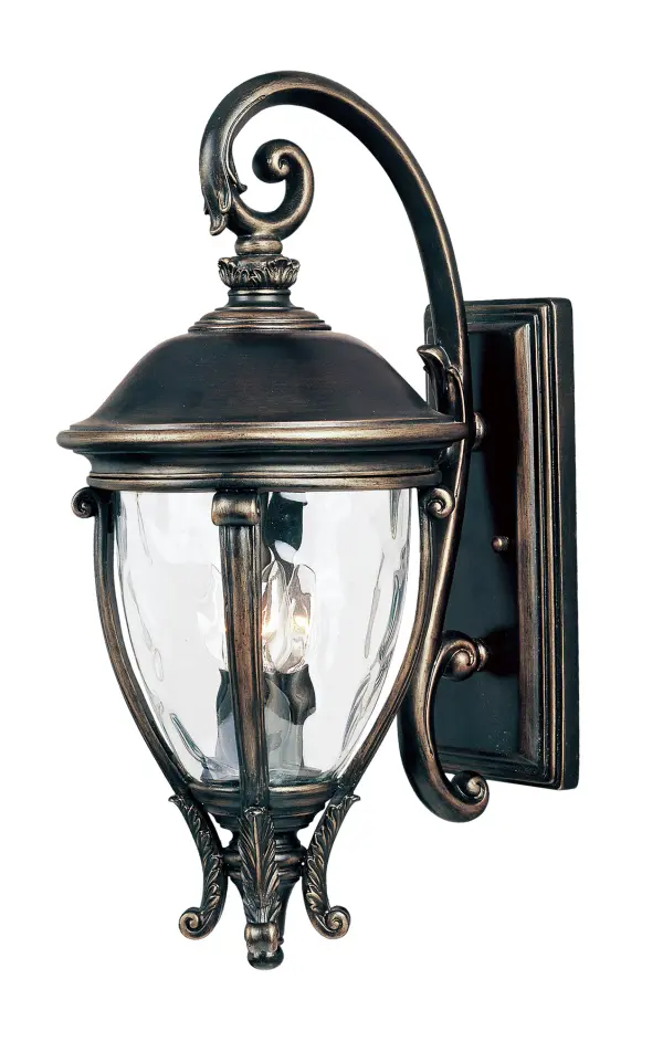Maxim Lighting's Camden VX Collection is made with Vivex, a material twice the strength of resin, is non-corrosive, UV resistant and backed with a 5-Year Limited Warranty. Camden VX is available in our Black or Golden Bronze finish and our Water Glass. Collection: Camden VX Finish: Golden Bronze Glass: Water Glass Width: 11.00" Height: 24.00" Weight: 9.81 lb Extension from Wall: 14.00" Canopy: 12"x5.5" Number of Bulbs: 3 Maximum Wattage: 40.00 W Bulb Type: B10 Bulb Base: E12 Candelabra Light Source: Incandescent Light Output: 2016.00 lm Dimmable Rated Average Life: 1500 Voltage: 120.00 V Material: Vivex Resin Composite, Glass Safety Listing: cETLus Safety Rating: Wet Manufacturer Warranty: 5 Spec Sheet Instructions Parts Diagram