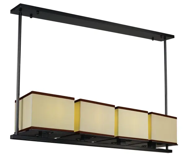 This urban lifestyle design features square shades of Linen with a coffee color trim mounted on a metal frame finished in Dark Bronze.  LED downlights are mounted in the bottom of the frame as well as replaceable LED bulbs inside the shade.