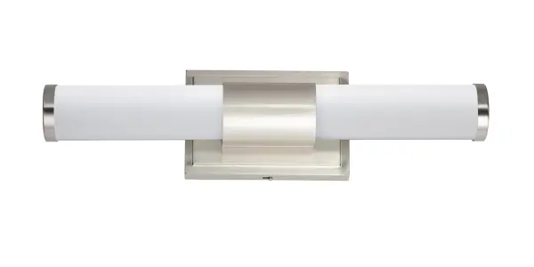 Cylinders of White cased glass are mounted onto a cast aluminum frame of Satin Nickel or Polished Chrome. LED modules evenly illuminate and provide soft yet ample illumination. Multi volt input is standard which allows for installation into commercial applications. Collection: Optic Finish: Satin Nickel Glass: White Width: 18.00" Height: 4.75" Weight: 2.76 lb Extension from Wall: 3.50" Wire: 8" Canopy: 4.75"x7" Bulbs Included Number of Bulbs: 1 Maximum Wattage: 12.00 W Bulb Type: PCB Bulb Base: PCB Integrated Light Source: LED Light Output: 880.00 lm Color Temperature: 3000 K CRI: 90 Rated Average Life: 50000 Voltage: 120.00 V Material: Aluminum, Glass Safety Listing: cETLus Safety Rating: Damp ADA Title 24 LED Manufacturer Warranty: 5 Spec Sheet Instructions Parts Diagram