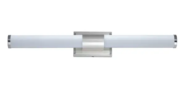 Cylinders of White cased glass are mounted onto a cast aluminum frame of Satin Nickel or Polished Chrome. LED modules evenly illuminate and provide soft yet ample illumination. Multi volt input is standard which allows for installation into commercial applications. Collection: Optic Finish: Satin Nickel Glass: White Width: 30.00" Height: 4.75" Length: 30.00" Weight: 5.03 lb Extension from Wall: 3.50" Wire: 8" Canopy: 4.75"x7" Bulbs Included Number of Bulbs: 1 Maximum Wattage: 20.00 W Bulb Type: PCB Bulb Base: PCB Integrated Light Source: LED Light Output: 1550.00 lm Color Temperature: 3000 K CRI: 90 Rated Average Life: 50000 Voltage: 120.00 V Material: Aluminum, Glass Safety Listing: cETLus Safety Rating: Damp ADA Title 24 LED Manufacturer Warranty: 5 Spec Sheet Instructions Parts Diagram