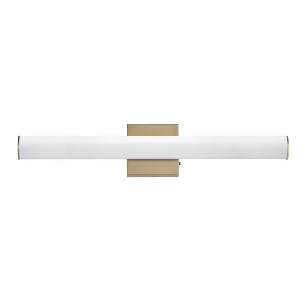 A rail of tubular Matte White acrylic evenly diffuses ample LED lighting in a simple and stylish sconce configuration. Available in a full range of sizes with frames in Polished Chrome, Satin Nickel, or Black these LED bath bars coordinate with the most popular hardware and fixtures. A 5-color option toggle switch is accessible to adjust the color of the LED between warm 2700K to multiple neutral color tones and a bright 5000K making the collection complete in its offering for a variety of applications. Collection: Rail 5CCT Finish: Natural Aged Brass Width: 24.00" Height: 4.75" Weight: 18.96 lb Extension from Wall: 2.75" Wire: 8" Canopy: 1.1"x4.75" Bulbs Included Number of Bulbs: 1 Maximum Wattage: 16.00 W Bulb Type: LED Bulb Base: Integrated Light Source: LED Light Output: 1400.00 lm Color Temperature: 2700 K CRI: 90 Rated Average Life: 45000 Voltage: 120.00 V Material: Aluminum Safety Listing: cETLus Safety Rating: Damp ADA Title 24 LED Manufacturer Warranty: 5 Spec Sheet
