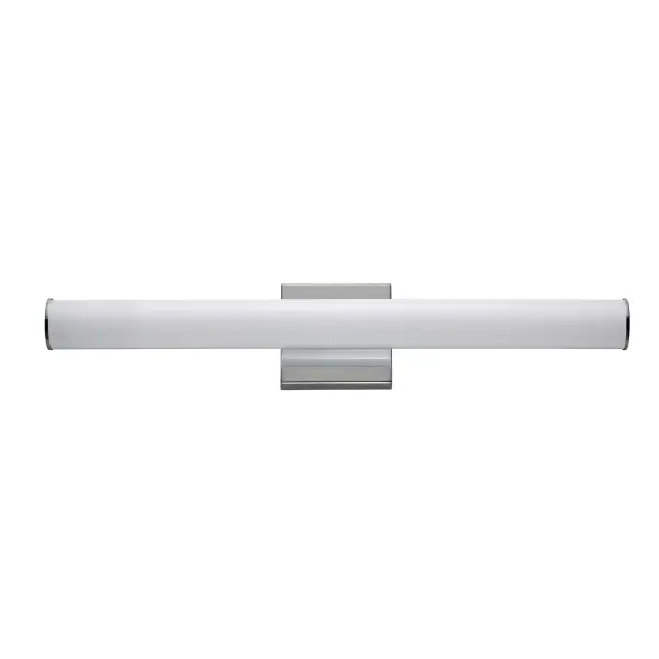A rail of tubular Matte White acrylic evenly diffuses ample LED lighting in a simple and stylish sconce configuration. Available in a full range of sizes with frames in Polished Chrome, Satin Nickel, or Black these LED bath bars coordinate with the most popular hardware and fixtures. A 5-color option toggle switch is accessible to adjust the color of the LED between warm 2700K to multiple neutral color tones and a bright 5000K making the collection complete in its offering for a variety of applications. Collection: Rail 5CCT Finish: Polished Chrome Width: 24.00" Height: 4.75" Weight: 18.96 lb Extension from Wall: 2.75" Wire: 8" Canopy: 1.1"x4.75" Bulbs Included Number of Bulbs: 1 Maximum Wattage: 16.00 W Bulb Type: LED Bulb Base: Integrated Light Source: LED Light Output: 1400.00 lm Color Temperature: 2700 K CRI: 90 Rated Average Life: 45000 Voltage: 120.00 V Material: Aluminum Safety Listing: cETLus Safety Rating: Damp ADA Title 24 LED Manufacturer Warranty: 5 Spec Sheet
