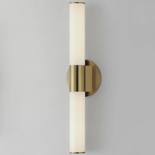 A tube of light extends in both directions in this clean and contemporary LED wall sconce. Available in various lengths and finishes, the fixture can either be mounted directly from its frame on a single gang box or with the use of the five inch cover plate provided for standard junction boxes. Select from 5 different color temperatures using an easily accessible switch on the frame. Collection: Tubo Finish: Natural Aged Brass Glass: White Width: 24.00" Height: 3.00" Length: 24.00" Weight: 1.68 lb Extension from Wall: 3.50" Wire: 6" Canopy: 6"x6" Bulbs Included Number of Bulbs: 1 Maximum Wattage: 24.00 W Bulb Type: LED Bulb Base: Integrated Light Source: LED Light Output: 1700.00 lm Color Temperature: 2700 K CRI: 90 Rated Average Life: 50000 Voltage: 120.00 V Material: PMMA Acrylic, Aluminum Safety Listing: cETLus Safety Rating: Damp Energy Efficient ADA Title 24 LED Manufacturer Warranty: 5 Spec Sheet Instructions - alternate view