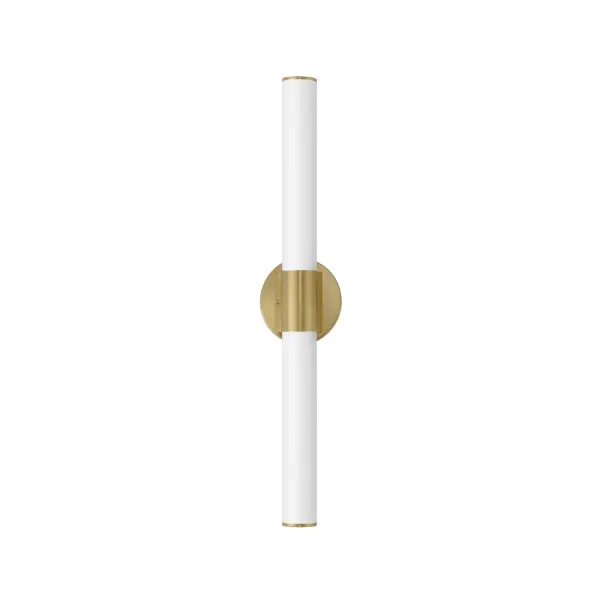A tube of light extends in both directions in this clean and contemporary LED wall sconce. Available in various lengths and finishes, the fixture can either be mounted directly from its frame on a single gang box or with the use of the five inch cover plate provided for standard junction boxes. Select from 5 different color temperatures using an easily accessible switch on the frame. Collection: Tubo Finish: Natural Aged Brass Glass: White Width: 30.00" Height: 3.00" Length: 30.00" Weight: 1.91 lb Extension from Wall: 3.50" Wire: 6" Canopy: 6"x6" Bulbs Included Number of Bulbs: 1 Maximum Wattage: 27.00 W Bulb Type: LED Bulb Base: Integrated Light Source: LED Light Output: 1900.00 lm Color Temperature: 2700 K CRI: 90 Rated Average Life: 50000 Voltage: 120.00 V Material: PMMA Acrylic, Aluminum Safety Listing: cETLus Safety Rating: Damp Energy Efficient ADA Title 24 LED Manufacturer Warranty: 5 Spec Sheet Instructions