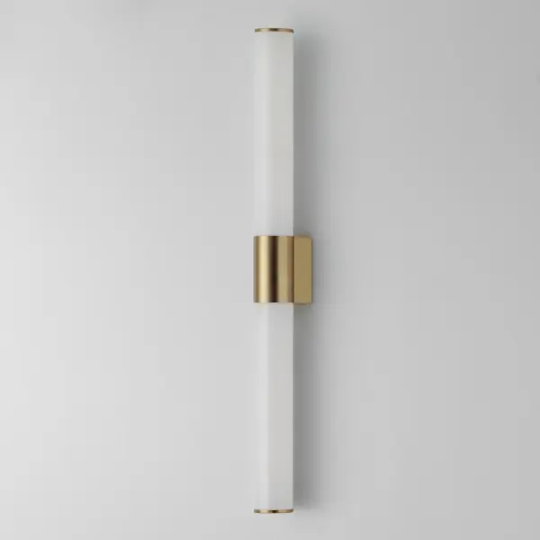 A tube of light extends in both directions in this clean and contemporary LED wall sconce. Available in various lengths and finishes, the fixture can either be mounted directly from its frame on a single gang box or with the use of the five inch cover plate provided for standard junction boxes. Select from 5 different color temperatures using an easily accessible switch on the frame. Collection: Tubo Finish: Natural Aged Brass Glass: White Width: 30.00" Height: 3.00" Length: 30.00" Weight: 1.91 lb Extension from Wall: 3.50" Wire: 6" Canopy: 6"x6" Bulbs Included Number of Bulbs: 1 Maximum Wattage: 27.00 W Bulb Type: LED Bulb Base: Integrated Light Source: LED Light Output: 1900.00 lm Color Temperature: 2700 K CRI: 90 Rated Average Life: 50000 Voltage: 120.00 V Material: PMMA Acrylic, Aluminum Safety Listing: cETLus Safety Rating: Damp Energy Efficient ADA Title 24 LED Manufacturer Warranty: 5 Spec Sheet Instructions - alternate view