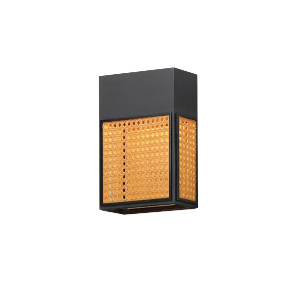 Modeled on open weave wicker stitchwork and constructed using synthetic rattan for longevity, this series of wall sconces are rated for both interiors and outdoors. Matte Black frames are paired with either Natural Rattan or a matching Black finish. This homespun concept pays homage to the outdoors with relevant styling and timeless appeal. Collection: Lattice Finish: Black Width: 8.00" Height: 12.00" Weight: 5.50 lb Extension from Wall: 4.75" Wire: 8" Canopy: 5"x6" Bulbs Included Number of Bulbs: 1 Maximum Wattage: 12.00 W Bulb Type: LED Bulb Base: Integrated Light Source: LED Light Output: 500.00 lm Color Temperature: 3000 K CRI: 90 Rated Average Life: 35000 Voltage: 120.00 V Material: Aluminum, Synthetic Rattan Safety Listing: cETLus Safety Rating: Wet Dark Sky LED Spec Sheet Instructions