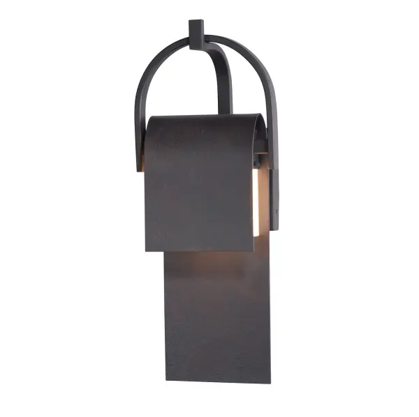 A panel of aluminum is bent forward at the top and cradled by a bracket. A beautiful textured Rustic Forged finish is used in keeping with the pastoral design elements. Cleverly concealed inside the arch is a LED light source which sheds ample light to the surface below without forward glare.