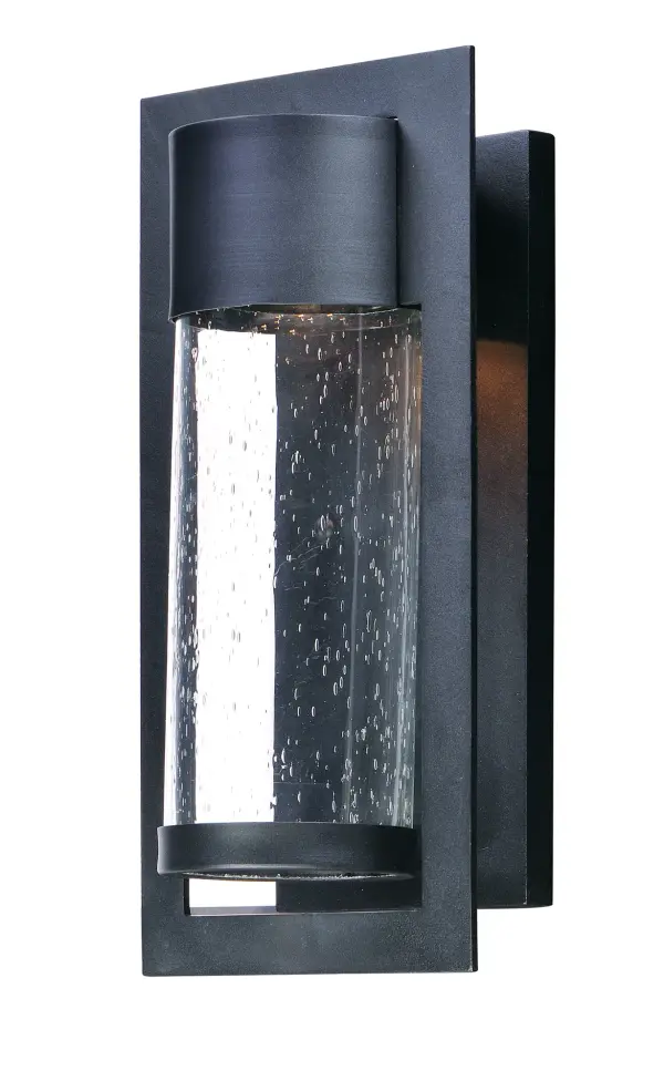 A rectangular cast frame cradles a cylinder of clear Bubble Glass that is perfect for the modern home exterior.  The top housing conceals a high power LED light module with excellent color rendering as well as efficient lumens per watt.  All of this at an unbelievable price.