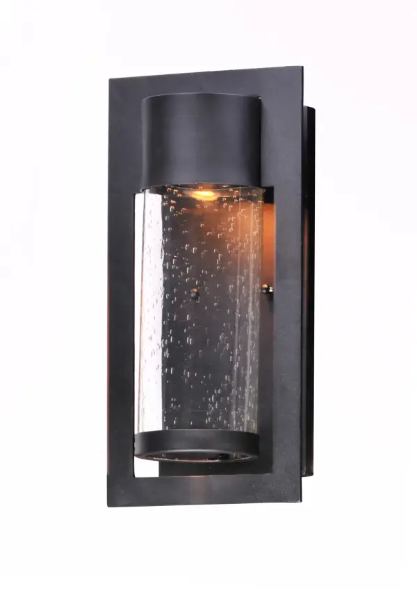 A rectangular cast frame cradles a cylinder of clear Bubble Glass that is perfect for the modern home exterior.  The top housing conceals a high power LED light module with excellent color rendering as well as efficient lumens per watt.  All of this at an unbelievable price. - alternate view
