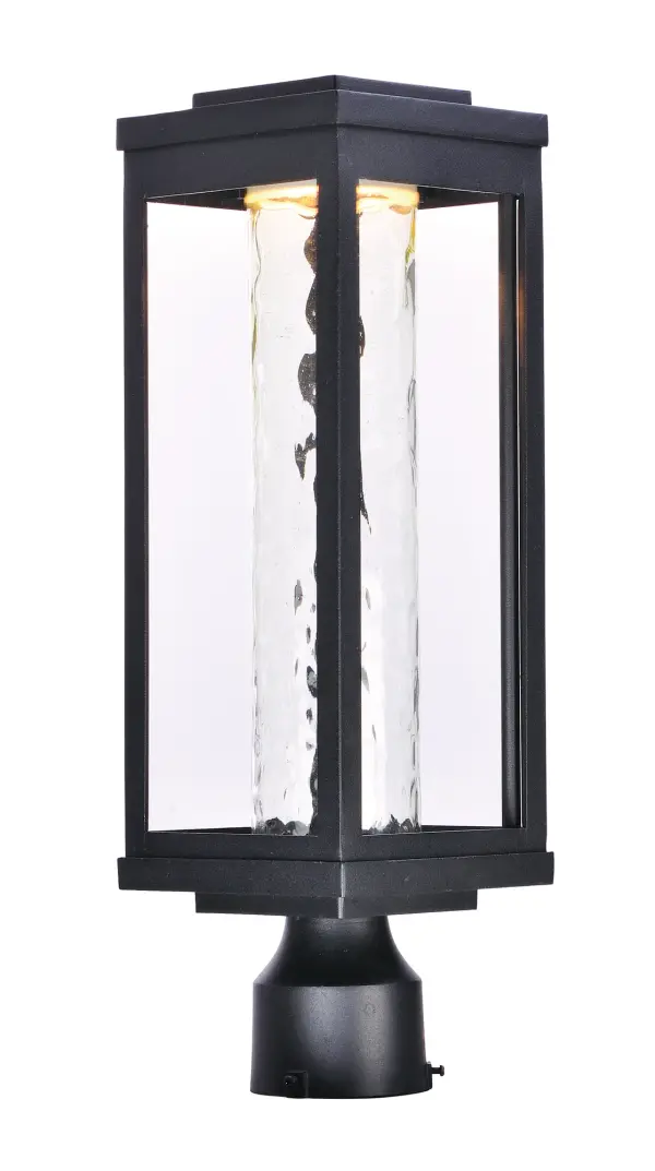 A classic style cast aluminum open frame finished in Black houses a variety of diffusers to create different design element to fit a wide range of home designs. You have your choice of Satin White or Water Glass cylinders and Clear Ribbed or stainless steel Mesh Screen square diffusers. The top housing conceals a high power LED light module with excellent color rendering as well as efficient lumens per watt. All of this at an unbelievable price. Collection: Salon LED Finish: Black Glass: Water Glass Width: 6.00" Height: 19.50" Length: 6.00" Weight: 5.72 lb Canopy: 8.75``x5.75`` Bulbs Included Number of Bulbs: 1 Maximum Wattage: 12.00 W Bulb Type: AC Bulb Base: Integrated Light Source: LED Light Output: 840.00 lm Color Temperature: 3000 K CRI: 90 Voltage: 120.00 V Material: Aluminum, Glass Safety Listing: cETLus Safety Rating: Wet Dark Sky LED Spec Sheet Instructions Parts Diagram