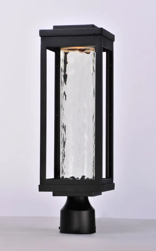 A classic style cast aluminum open frame finished in Black houses a variety of diffusers to create different design element to fit a wide range of home designs. You have your choice of Satin White or Water Glass cylinders and Clear Ribbed or stainless steel Mesh Screen square diffusers. The top housing conceals a high power LED light module with excellent color rendering as well as efficient lumens per watt. All of this at an unbelievable price. Collection: Salon LED Finish: Black Glass: Water Glass Width: 6.00" Height: 19.50" Length: 6.00" Weight: 5.72 lb Canopy: 8.75``x5.75`` Bulbs Included Number of Bulbs: 1 Maximum Wattage: 12.00 W Bulb Type: AC Bulb Base: Integrated Light Source: LED Light Output: 840.00 lm Color Temperature: 3000 K CRI: 90 Voltage: 120.00 V Material: Aluminum, Glass Safety Listing: cETLus Safety Rating: Wet Dark Sky LED Spec Sheet Instructions Parts Diagram - alternate view
