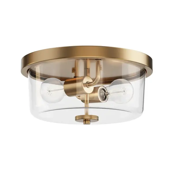 Collection: Fuller Finish: Natural Aged Brass Glass: Clear Width: 11.75" Height: 5.50" Weight: 1.62 lb Wire: 8" Canopy: 11.75"x11.75"x1" Number of Bulbs: 2 Maximum Wattage: 60.00 W Bulb Base: E26 Medium Light Source: Incandescent Voltage: 120.00 V Material: Steel, Glass Safety Listing: cETLus Manufacturer Warranty: 3 Spec Sheet