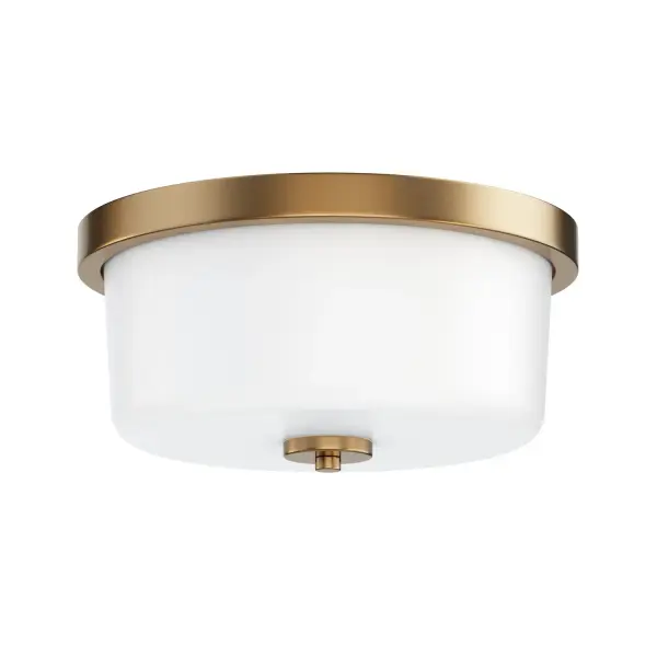 Collection: Fuller Finish: Natural Aged Brass Glass: White Width: 11.75" Height: 5.50" Weight: 1.62 lb Wire: 8" Canopy: 11.75"x11.75"x1" Number of Bulbs: 2 Maximum Wattage: 60.00 W Bulb Base: E26 Medium Light Source: Incandescent Voltage: 120.00 V Material: Steel, Glass Safety Listing: cETLus Manufacturer Warranty: 3 Spec Sheet