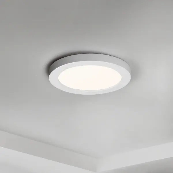The entry level Wafer model features driverless technology with the same great look. Manufactured of a plastic shell with aluminum backing, the Chip brings all the look of the Wafer at economical pricing for residential applications. The bright and even lighting effect is delivered by edge-lit technology offering an upscale surface mount solution to substitute recessed can lighting. Collection: Chip Finish: White Glass: White Width: 5.50" Height: 1.25" Length: 5.50" Weight: 0.55 lb Wire: 6" Canopy: 4"x4"x0.75" Bulbs Included Number of Bulbs: 1 Maximum Wattage: 11.00 W Bulb Base: PCB Integrated Light Source: LED Light Output: 700.00 lm Color Temperature: 3000 K CRI: 90 Rated Average Life: 60000 Voltage: 120.00 V Material: Aluminum,PC,Glass Safety Listing: cETLus Safety Rating: Wet Title 24 LED Manufacturer Warranty: 5 Spec Sheet Instructions - alternate view