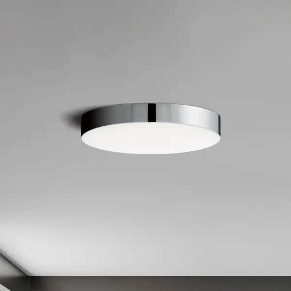 Thin discs of evenly illuminated LED create the impression of recessed lighting. The die-cast aluminum housings are available in White, Black, Satin Nickel, and Polished Chrome all with a thoughtfully recessed White polycarbonate diffuser. High efficiency and good color rendering make this a perfect choice for your next project. Collection: Trim Finish: Polished Chrome Glass: White Width: 5.00" Height: 0.75" Length: 5.00" Weight: 0.48 lb Wire: 8" Canopy: 0.75``x5`` Bulbs Included Number of Bulbs: 1 Maximum Wattage: 13.00 W Bulb Type: PCB Bulb Base: PCB Integrated Light Source: LED Light Output: 1000.00 lm Color Temperature: 3000 K CRI: 90 Rated Average Life: 50000 Voltage: 120.00 V Material: PC, steel Safety Listing: cETLus Safety Rating: Wet ADA Title 24 LED Manufacturer Warranty: 5 Spec Sheet Instructions Parts Diagram - alternate view