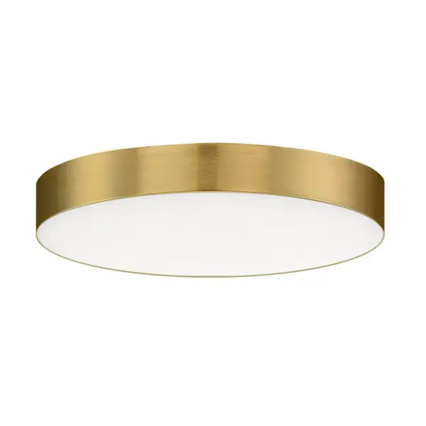 Thin discs of evenly illuminated LED create the impression of recessed lighting. The die-cast aluminum housings are available in White, Black, Satin Nickel, and Polished Chrome all with a thoughtfully recessed White polycarbonate diffuser. High efficiency and good color rendering make this a perfect choice for your next project. Collection: Trim Finish: Satin Brass Glass: White Width: 5.00" Height: 0.75" Length: 5.00" Weight: 0.48 lb Wire: 8" Bulbs Included Number of Bulbs: 1 Maximum Wattage: 13.00 W Bulb Base: PCB Integrated Light Source: LED Light Output: 1000.00 lm Color Temperature: 3000 K CRI: 90 Rated Average Life: 50000 Voltage: 120.00 V Material: PC, steel Safety Listing: cETLus Safety Rating: Wet ADA LED Spec Sheet Instructions