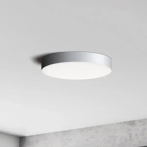 Thin discs of evenly illuminated LED create the impression of recessed lighting. The die-cast aluminum housings are available in White, Black, Satin Nickel, and Polished Chrome all with a thoughtfully recessed White polycarbonate diffuser. High efficiency and good color rendering make this a perfect choice for your next project. Collection: Trim Finish: White Glass: White Width: 5.00" Height: 0.75" Length: 5.00" Weight: 0.48 lb Wire: 8" Canopy: 0.75``x5`` Bulbs Included Number of Bulbs: 1 Maximum Wattage: 13.00 W Bulb Type: PCB Bulb Base: PCB Integrated Light Source: LED Light Output: 1000.00 lm Color Temperature: 3000 K CRI: 90 Rated Average Life: 50000 Voltage: 120.00 V Material: PC, steel Safety Listing: cETLus Safety Rating: Wet ADA Title 24 LED Manufacturer Warranty: 5 Spec Sheet Instructions Parts Diagram - alternate view