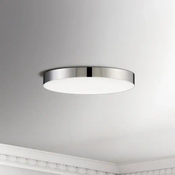 Thin discs of evenly illuminated LED create the impression of recessed lighting. The die-cast aluminum housings are available in White, Black, Satin Nickel, and Polished Chrome all with a thoughtfully recessed White polycarbonate diffuser. High efficiency and good color rendering make this a perfect choice for your next project. Collection: Trim Finish: Polished Chrome Glass: White Width: 7.00" Height: 0.75" Length: 7.00" Weight: 0.67 lb Wire: 8" Canopy: 0.75``x7`` Bulbs Included Number of Bulbs: 1 Maximum Wattage: 15.00 W Bulb Type: PCB Bulb Base: PCB Integrated Light Source: LED Light Output: 1200.00 lm Color Temperature: 3000 K CRI: 90 Rated Average Life: 50000 Voltage: 120.00 V Material: PC, steel Safety Listing: cETLus Safety Rating: Wet ADA Title 24 LED Manufacturer Warranty: 5 Spec Sheet Instructions Parts Diagram - alternate view