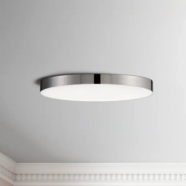 Thin discs of evenly illuminated LED create the impression of recessed lighting. The die-cast aluminum housings are available in White, Black, Satin Nickel, and Polished Chrome all with a thoughtfully recessed White polycarbonate diffuser. High efficiency and good color rendering make this a perfect choice for your next project. Collection: Trim Finish: Polished Chrome Glass: White Width: 9.00" Height: 0.75" Length: 9.00" Weight: 1.72 lb Wire: 8" Canopy: 0.75``x9`` Bulbs Included Number of Bulbs: 1 Maximum Wattage: 18.00 W Bulb Type: PCB Bulb Base: PCB Integrated Light Source: LED Light Output: 1450.00 lm Color Temperature: 3000 K CRI: 90 Rated Average Life: 50000 Voltage: 120.00 V Material: PC, steel Safety Listing: cETLus Safety Rating: Wet ADA Title 24 LED Manufacturer Warranty: 5 Spec Sheet Instructions Parts Diagram - alternate view