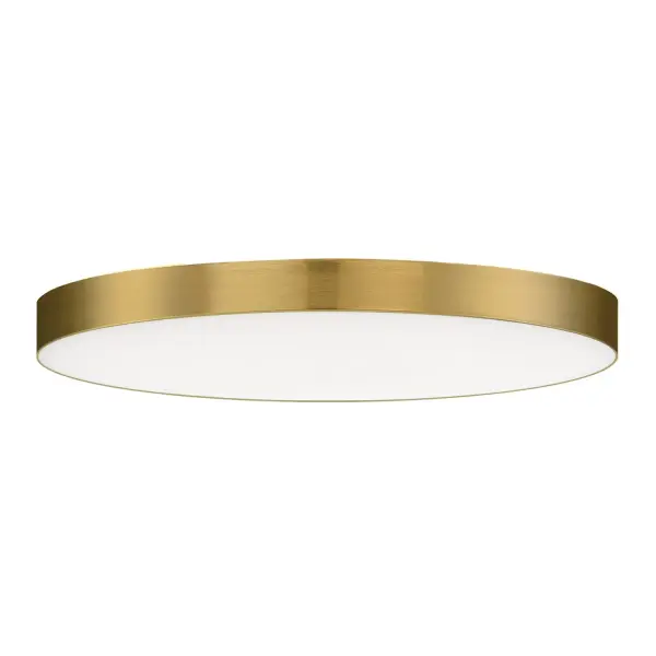 Thin discs of evenly illuminated LED create the impression of recessed lighting. The die-cast aluminum housings are available in White, Black, Satin Nickel, and Polished Chrome all with a thoughtfully recessed White polycarbonate diffuser. High efficiency and good color rendering make this a perfect choice for your next project. Collection: Trim Finish: Satin Brass Glass: White Width: 9.00" Height: 0.75" Length: 9.00" Weight: 1.72 lb Wire: 8" Bulbs Included Number of Bulbs: 1 Maximum Wattage: 18.00 W Bulb Base: PCB Integrated Light Source: LED Light Output: 1450.00 lm Color Temperature: 3000 K CRI: 90 Rated Average Life: 50000 Voltage: 120.00 V Material: PC, steel Safety Listing: cETLus Safety Rating: Wet ADA LED Spec Sheet Instructions