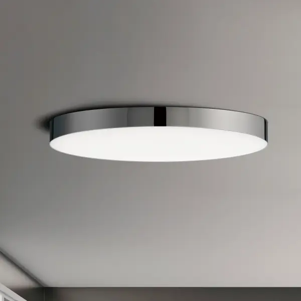 Thin discs of evenly illuminated LED create the impression of recessed lighting. The die-cast aluminum housings are available in White, Black, Satin Nickel, and Polished Chrome all with a thoughtfully recessed White polycarbonate diffuser. High efficiency and good color rendering make this a perfect choice for your next project. Collection: Trim Finish: Polished Chrome Glass: White Width: 11.00" Height: 0.75" Length: 11.00" Weight: 2.35 lb Wire: 8" Canopy: 0.75``x11`` Bulbs Included Number of Bulbs: 1 Maximum Wattage: 20.00 W Bulb Type: PCB Bulb Base: PCB Integrated Light Source: LED Light Output: 1600.00 lm Color Temperature: 3000 K CRI: 90 Rated Average Life: 50000 Voltage: 120.00 V Material: PC, steel Safety Listing: cETLus Safety Rating: Wet ADA Title 24 LED Manufacturer Warranty: 5 Spec Sheet Instructions Parts Diagram - alternate view