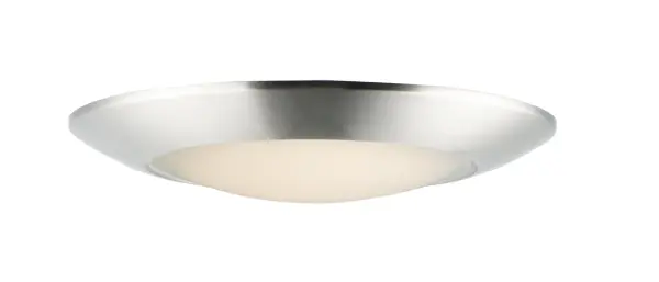 This very compact LED flush mount directly installs on any 4" junction box and gives the look of a recessed trim. Constructed of Die Cast Aluminum, the Diverse luminaire is dimmable and approved for wet or damp locations so it can be used in virtually any ceiling application, including showers. Collection: Diverse Finish: Satin Nickel Glass: White Width: 11.00" Height: 1.75" Length: 11.00" Weight: 1.24 lb Wire: 8" Bulbs Included Number of Bulbs: 1 Maximum Wattage: 20.00 W Bulb Type: PCB Bulb Base: PCB Integrated Light Source: LED Light Output: 1500.00 lm Color Temperature: 3000 K CRI: 90 Rated Average Life: 50000 Voltage: 120.00 V Material: Polycarbonate, Steel Safety Listing: cETLus Safety Rating: Wet LED Manufacturer Warranty: 5 Spec Sheet Instructions Parts Diagram
