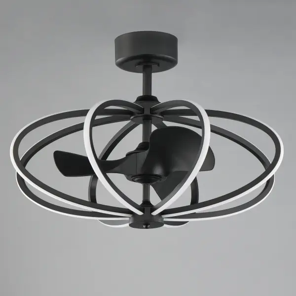 The Solstice Fandelight houses a Wifi-enabled fan within a cage of artfully bent Satin Nickel channels to create a classic form in light. The Smart control functions operate both the fan and the light itself. Adjust the color temperature and light intensity by use of the remote provided or Smart Home apps without the use of a gateway. - alternate view