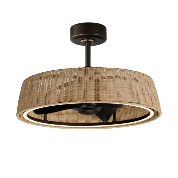 Hand-woven rattan wicker in a natural or darkened finish are shaped into a sloping drum shade with an internal fan and LED light source within them. The contrasting Dark Bronze finish of the metalwork encases an LED ring toward the bottom edge of the shade allowing for a strobe-free light effect directed downward. The surface coatings are rated for outdoor applications so the rattan and the metalwork are purposefully designed for outdoor spaces under covered roofs. Transform your patio with coastal flair and escape the heat with this Fandelight by Maxim.