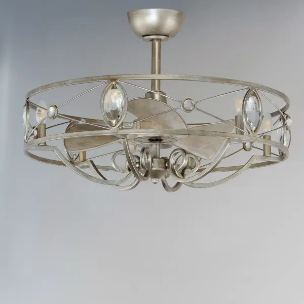 This romantic Fandelight delivers luxury appeal and timeless sophistication. Gracefully curved arms support a crown affixed with Beveled Crystal jewels. LED candelabra bulbs are positioned behind the crystal to illuminate each crystal individually. A Wi-Fi enabled control is housed in the canopy that can be either operated by the remote provided or Smart Home apps without the use of a bridge. - alternate view