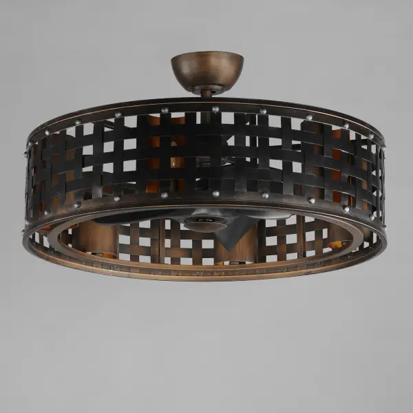 Not just a fan, the Portcullis FanDelight is framed within a woven metal grate pattern in a rich Bronze Gilt finish. The interior gold finish adds warmth to the candelabras that are shielded with a curved reflector backplate not to be disrupted by the circulating fan blades behind it. With a full range of fan control and Wifi-enabled, this fixture is not only attractive, but full of functional features. - alternate view