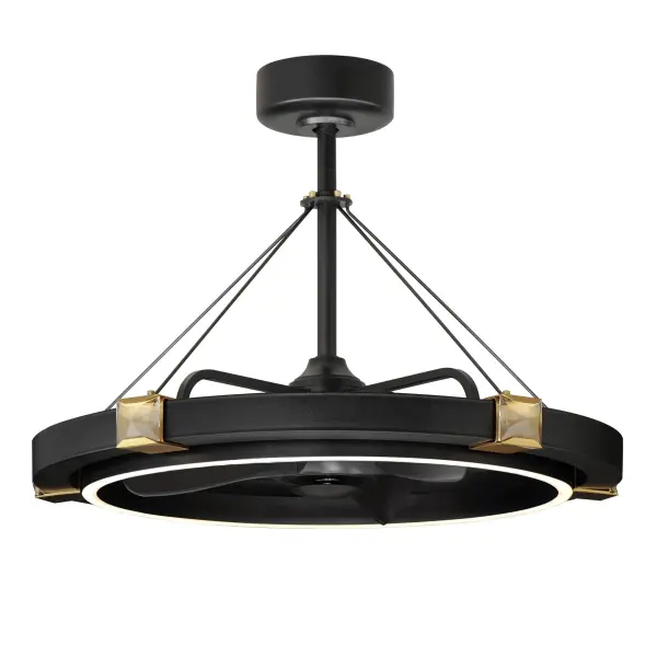 An elegant fusion of function and fashion, this contemporary Fandelight features a bold Black band segmented by highly reflective Gold-plated crystal settings. A fixed distance from the fixture, the settings support beveled crystal embellishments on jewel-inspired prongs that enhance its iridescence and allow ambient and natural light to gleam off its faceted surfaces. Encircled within this bejeweled band is an internal ring in Black that houses an LED light source directing ample light downward. Certainly a luxurious statement of modernity, the concept is further enhanced with our signature high performance, Wifi-enabled fans. Included with your purchase, is a wall mounted remote control that allows function via switch or by Smart app. Elevate your space that needs a fan, with a Fan-delight!